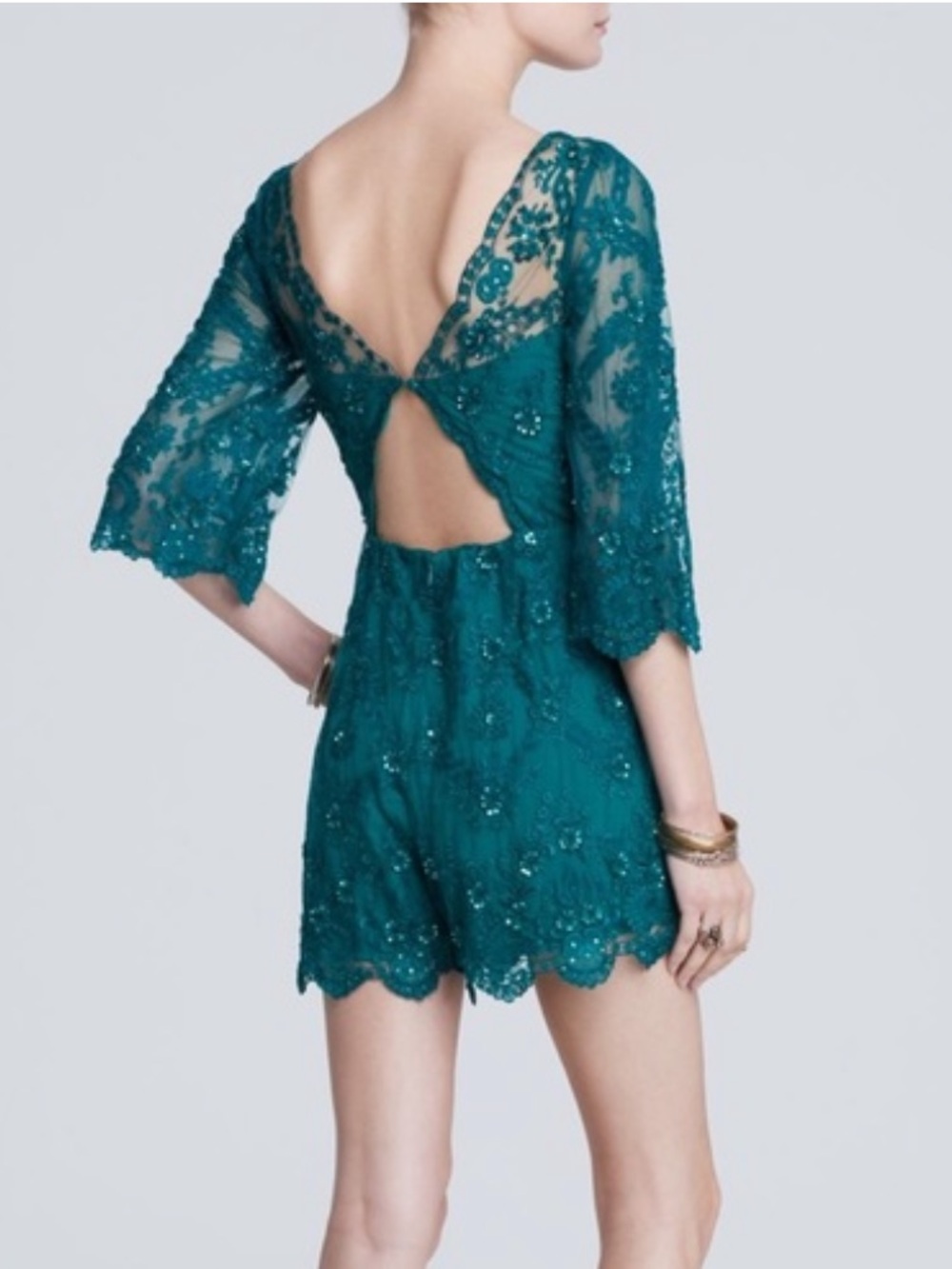 FREE PEOPLE EMERALD SONGBIRD LACE ROMPER Embellished Lace Size 12